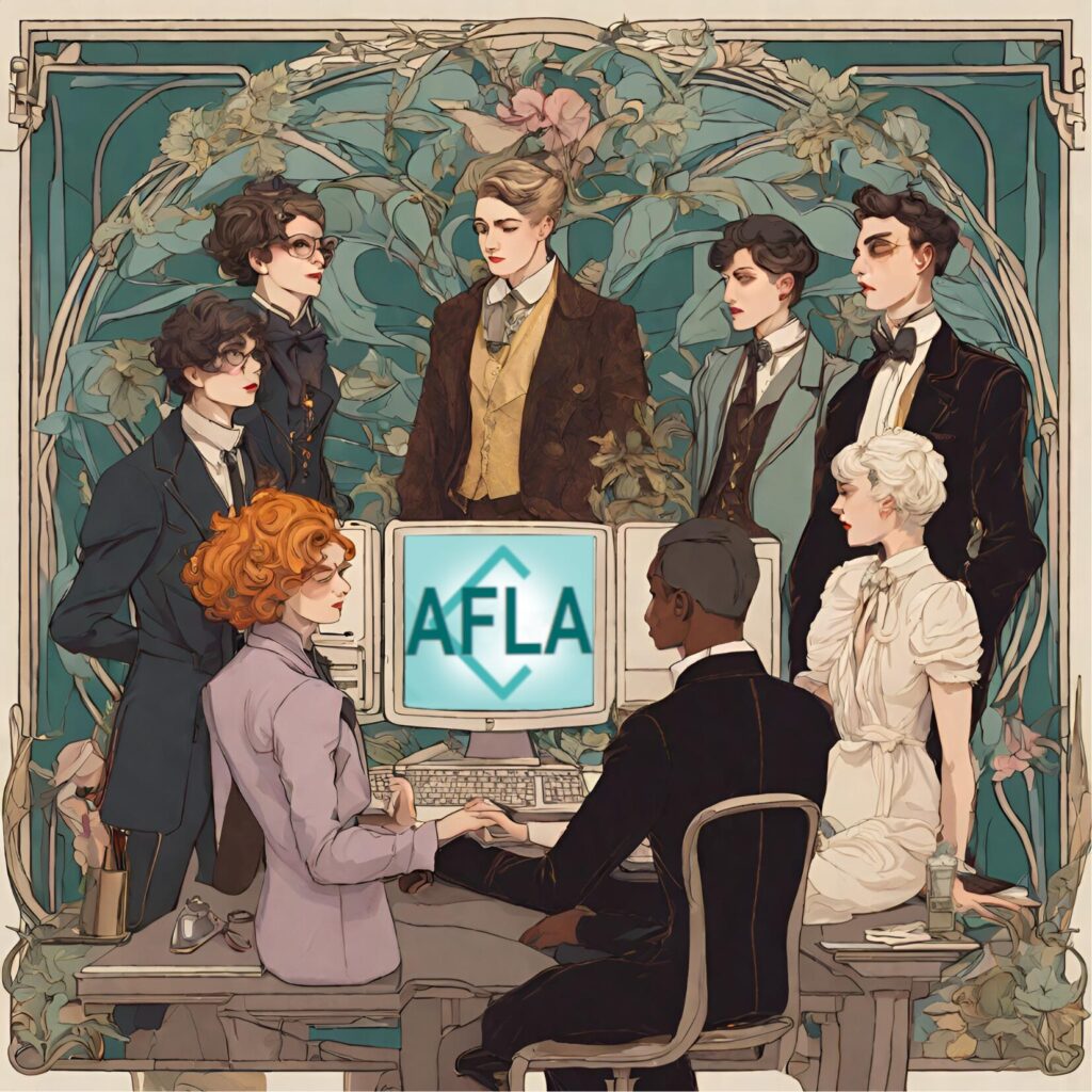 Illustration stylisée de jeunes chercheuses et chercheurs réunis autour d’un ordinateur affichant le logo de l’AFLA, sur fond végétal art nouveau.